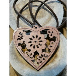 PENDENTIF COEUR EN BOIS ET CUIR